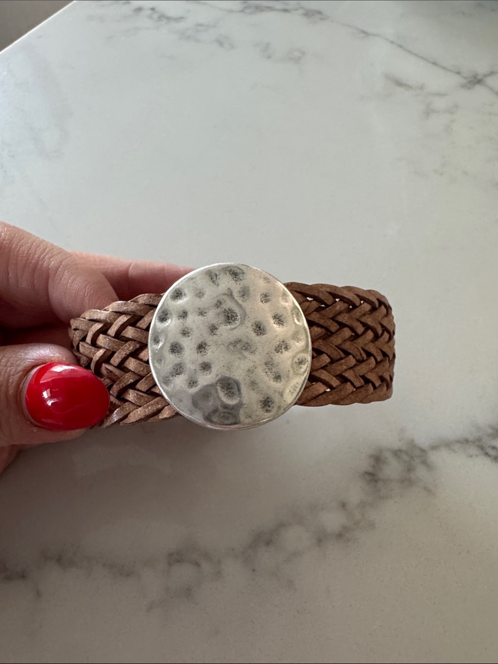 Braided Tan Leather Bracelet with Hammered Silver Button